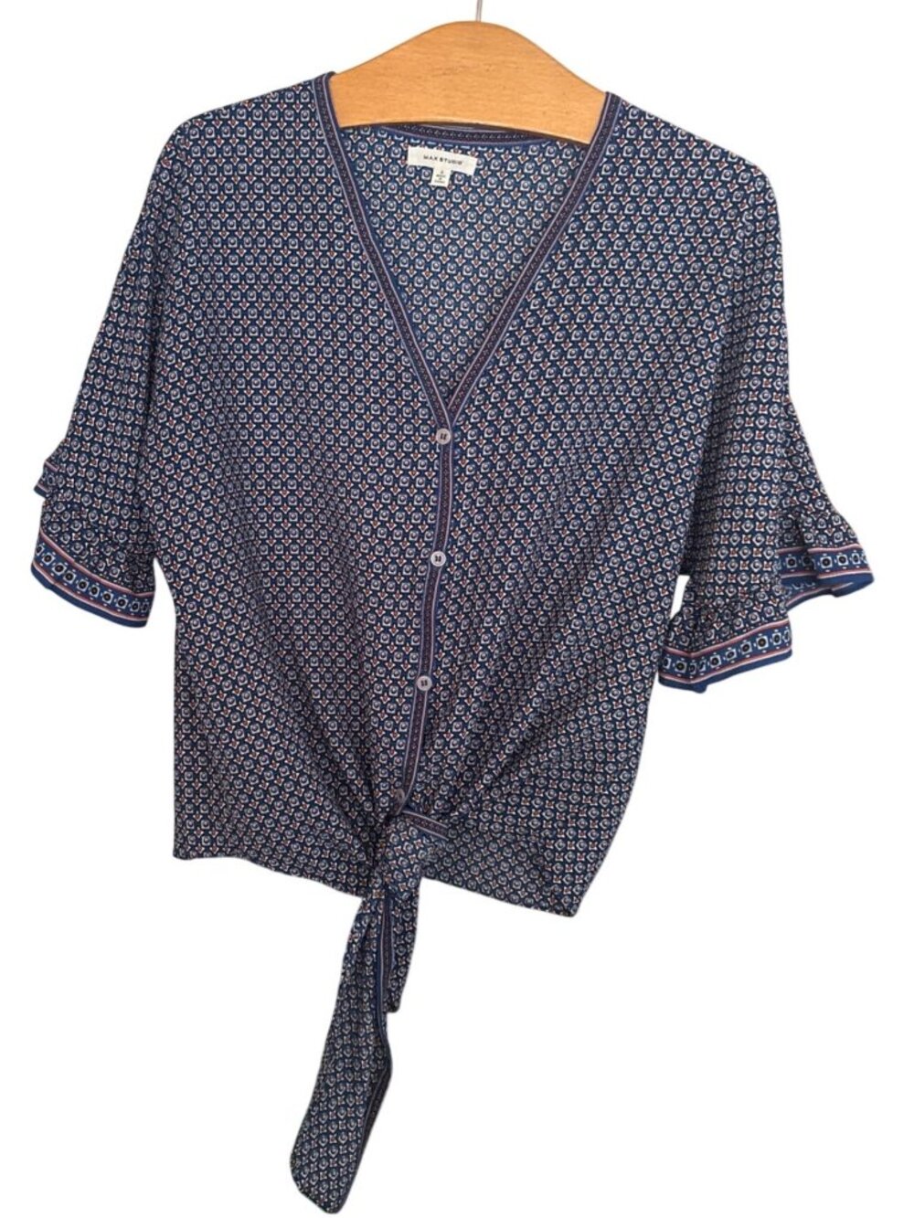 Max Studio Blue Tie Front Blouse Women’s Small Short Sleeve Boho Celestial Print